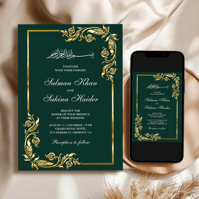 Invitation Emerald Green Gold Floral Frontière Mariage islami (Créateur téléchargé)
