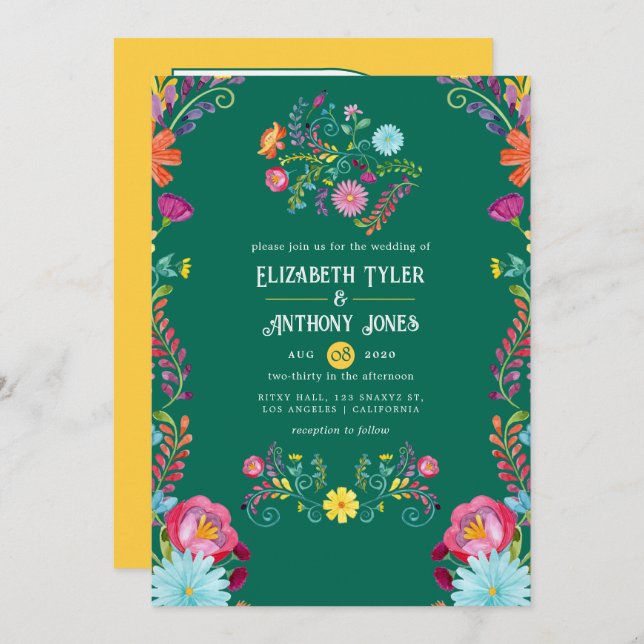 Invitation Emerald Green & Gold Floral Mexican Fiesta Wedding (Devant / Derrière)