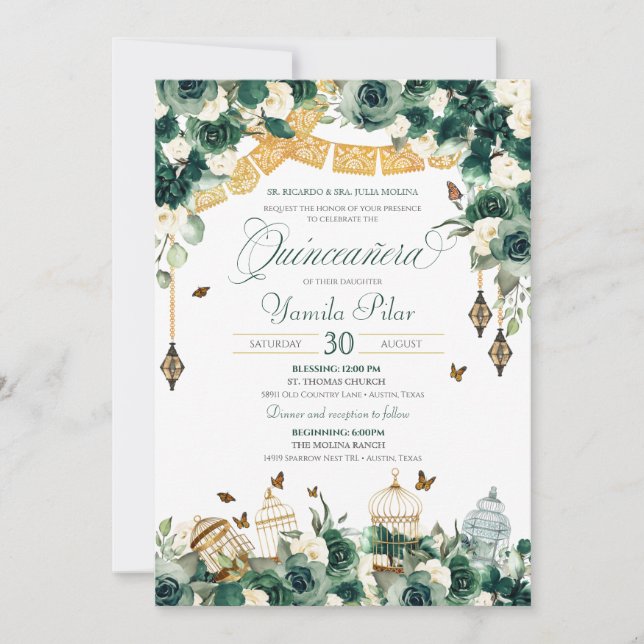 Invitation Emerald Green Gold Floral Papillons Quinceanera  (Devant)