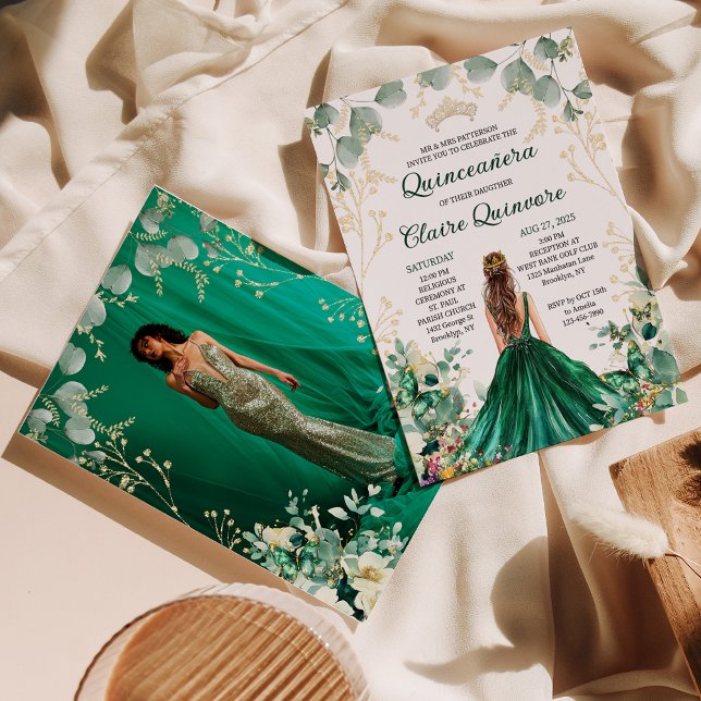 Invitation Emerald Green Gold Floral Photo Quinceanera (Créateur téléchargé)