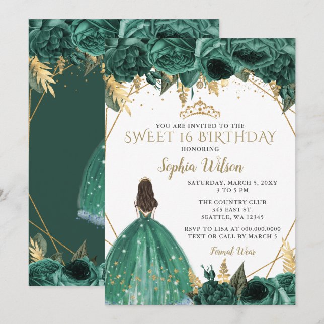 Invitation Emerald Green Gold Floral Princess SWEET 16 (Devant / Derrière)