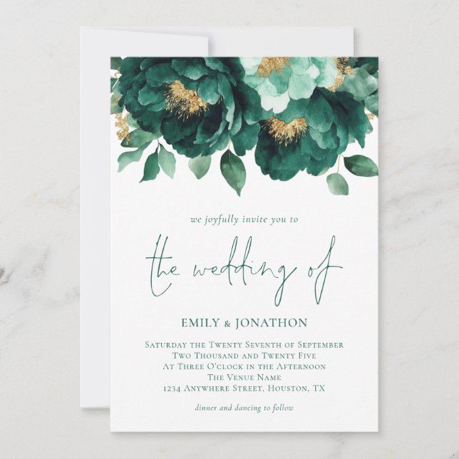 Invitation Emerald Green Gold Flowers Photo QR Code Mariage (Devant)