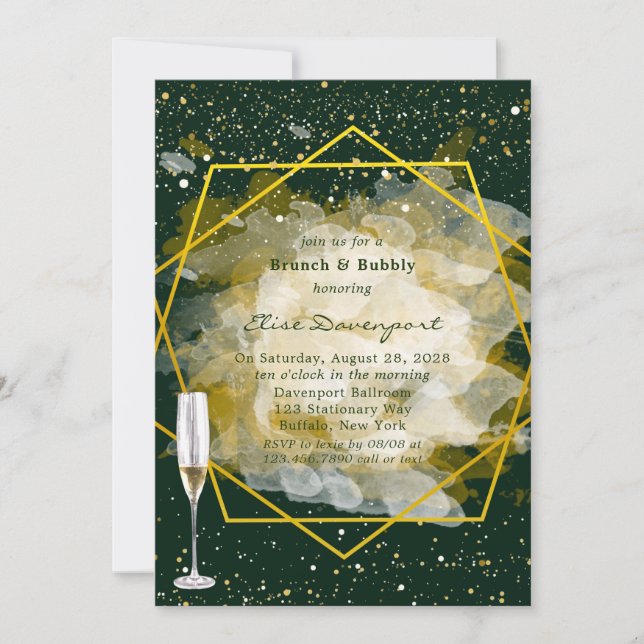 Invitation Emerald Green & Gold Géométrique Brunch & Bubbly (Devant)