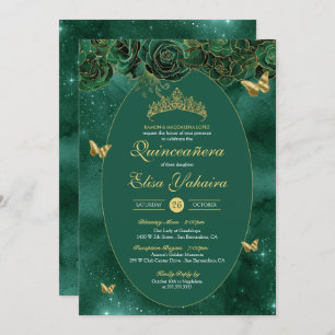 Invitation Emerald Green Gold Luxury Butterfly Quinceanera