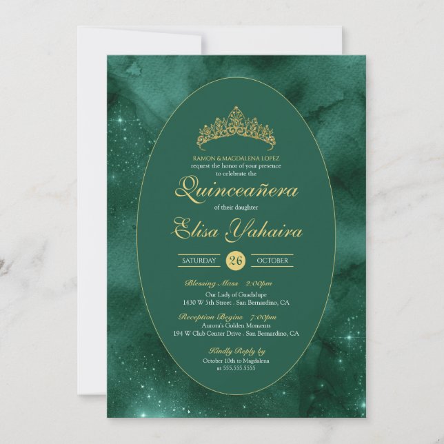 Invitation Emerald Green Gold Luxury Elegant Quinceanera (Devant)