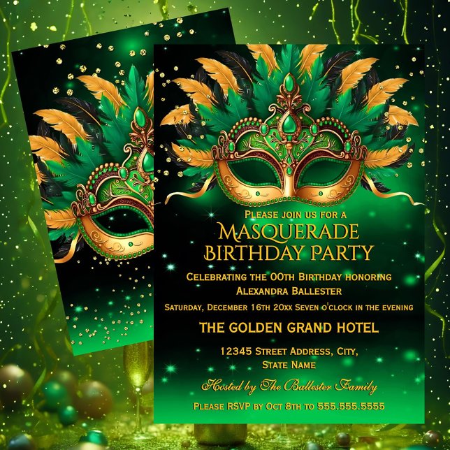 Invitation Emerald Green Gold Masks Masquerade Birthday Party (Créateur téléchargé)