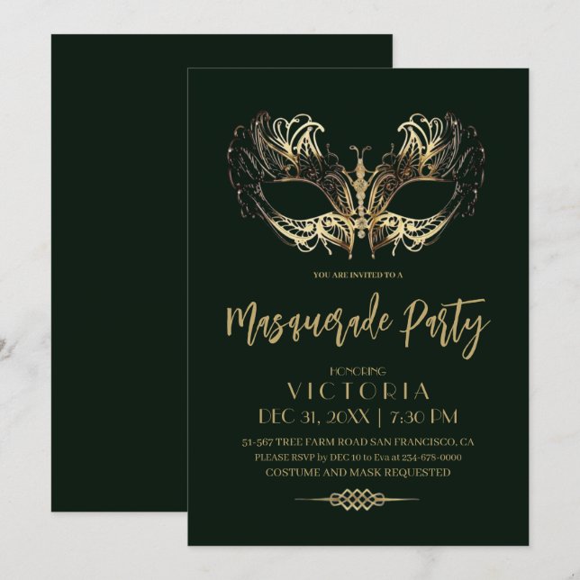 Invitation Emerald Green Gold Masquerade Party Anniversaire (Devant / Derrière)