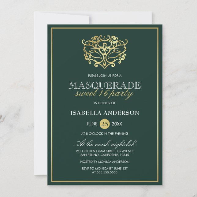 Invitation Emerald Green & Gold Masquerade Sweet 16 Party (Devant)