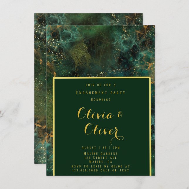 Invitation Emerald Green & Gold Parties scintillant (Devant / Derrière)