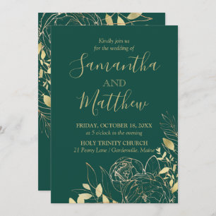 Invitation Emerald Green & Gold Peony Moderne Floral Mariage