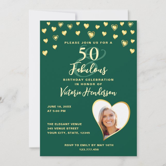 Invitation Emerald Green & Gold Photo 50th Birthday (Devant)
