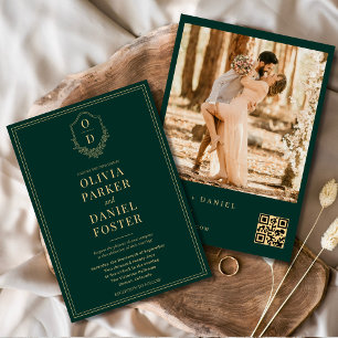 Invitation Emerald Green Gold QR Code Crest Photo Mariage