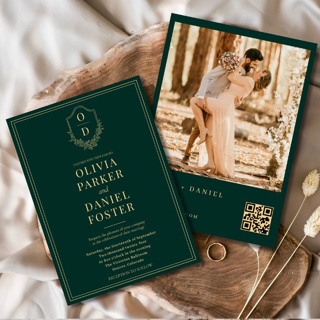 Invitation Emerald Green Gold QR Code Crest Photo Mariage (Créateur téléchargé)