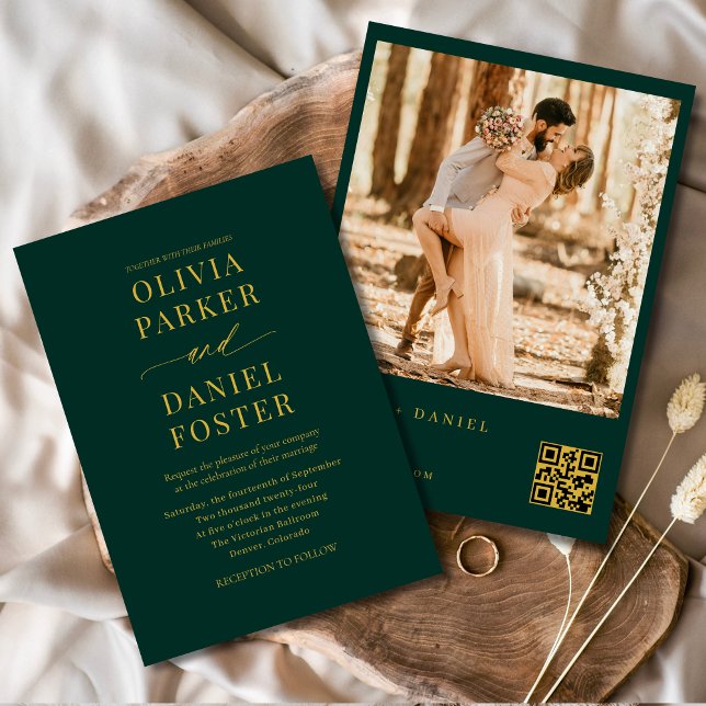 Invitation Emerald Green Gold QR Code Photo Mariage élégant (Créateur téléchargé)