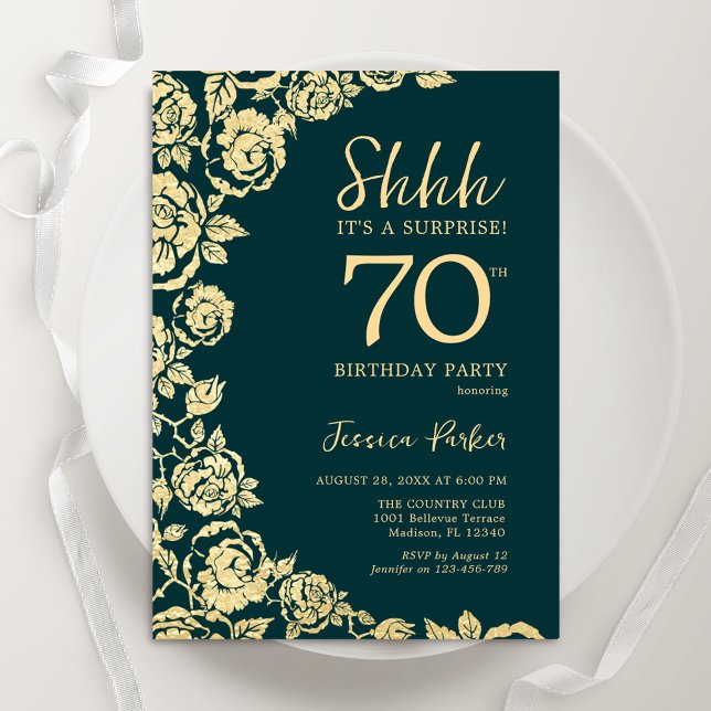 Invitation Emerald Green Gold Roses Surprise 70e anniversaire (Créateur téléchargé)
