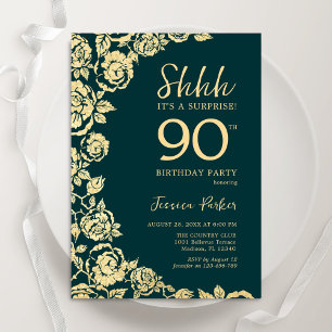 Invitation Emerald Green Gold Roses Surprise 90e anniversaire