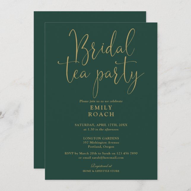 Invitation Emerald Green Gold Script Bridal Tea Party Douche (Devant / Derrière)