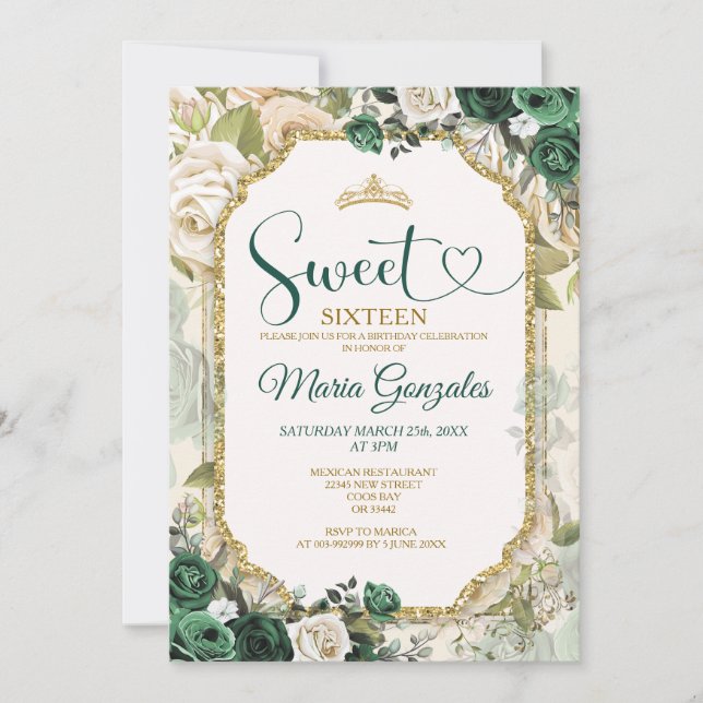 Invitation Emerald Green & Gold Sweet sixteen couronne d'anni (Devant)