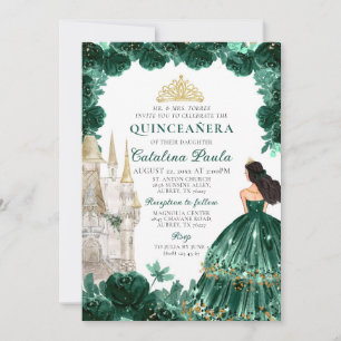 Invitation Emerald Green Gold Tiara Princess Quinceañera