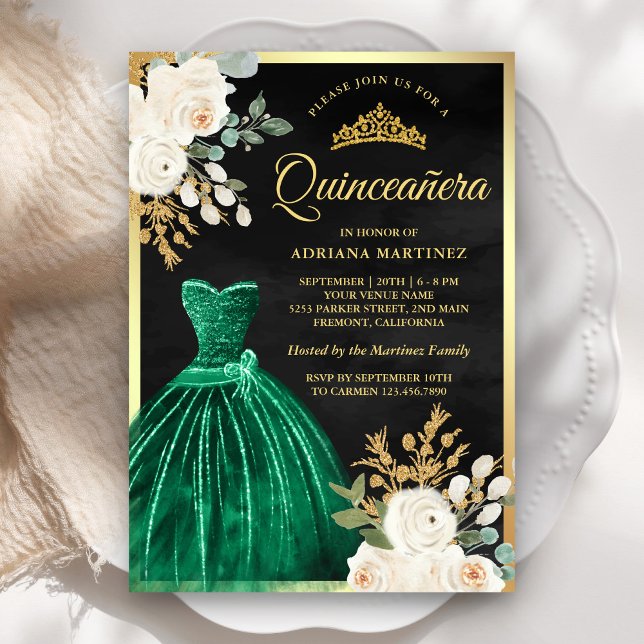 Invitation Emerald Green Gown Floral Black Gold Quinceanera (Créateur téléchargé)