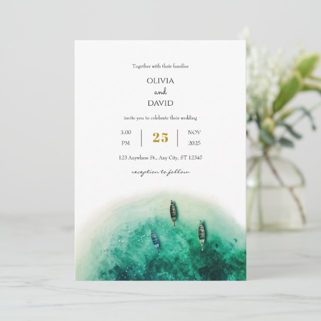 Invitation Emerald Green Island Coastal Lagoon Beach Wedding (Debout devant)