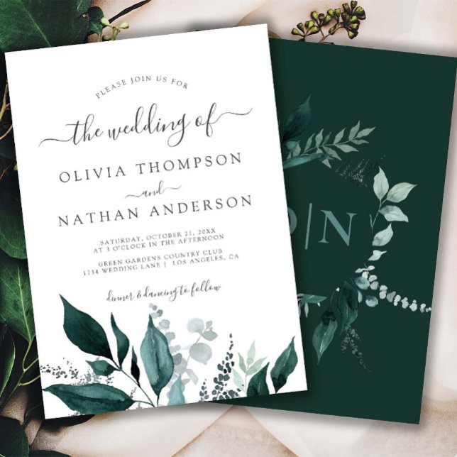 Invitation Emerald Green Jardin vert Monogramme Mariage (Emerald Greenery Wedding Invitation Woodland Marriage Green Leaves Foliage Botanical Rustic)