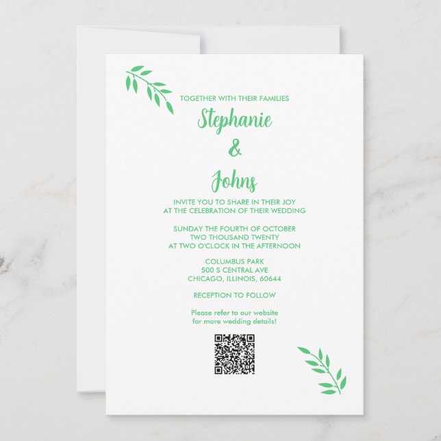 Invitation Emerald Green Leaf Script Blanc QR Code Mariage (Devant)