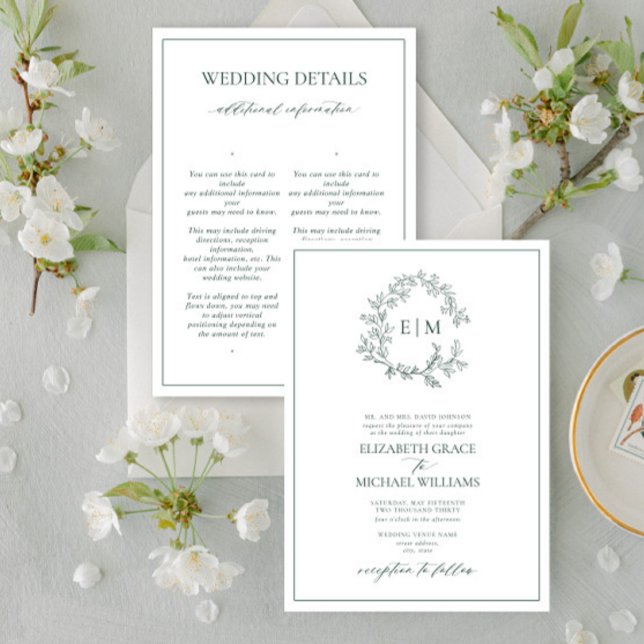 Invitation Emerald Green Leafy Crest Monogramme Détails Maria (Créateur téléchargé)