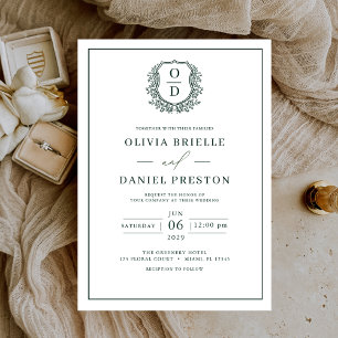 Invitation Emerald Green Leafy Crest Monogramme Mariage éléga