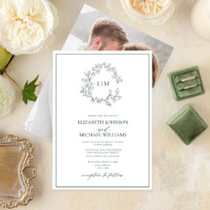 Invitation Emerald Green Leafy Crest Monogramme Mariage photo