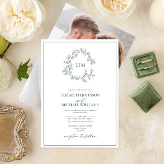 Invitation Emerald Green Leafy Crest Monogramme Mariage photo (Créateur téléchargé)