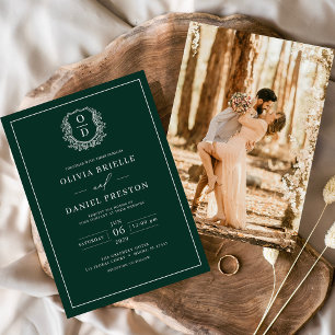 Invitation Emerald Green Leafy Crest Monogramme Mariage photo