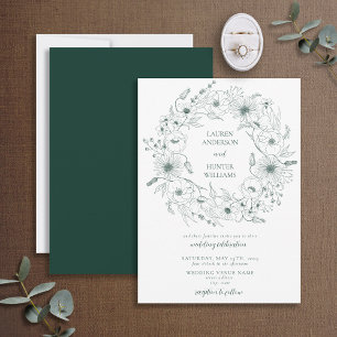 Invitation Emerald Green Line Art Floral Wreath Mariage