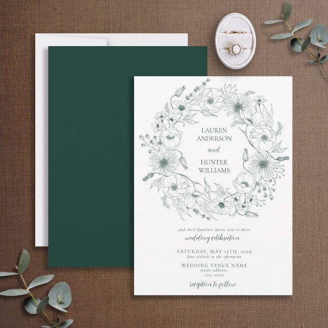 Invitation Emerald Green Line Art Floral Wreath Mariage (Créateur téléchargé)