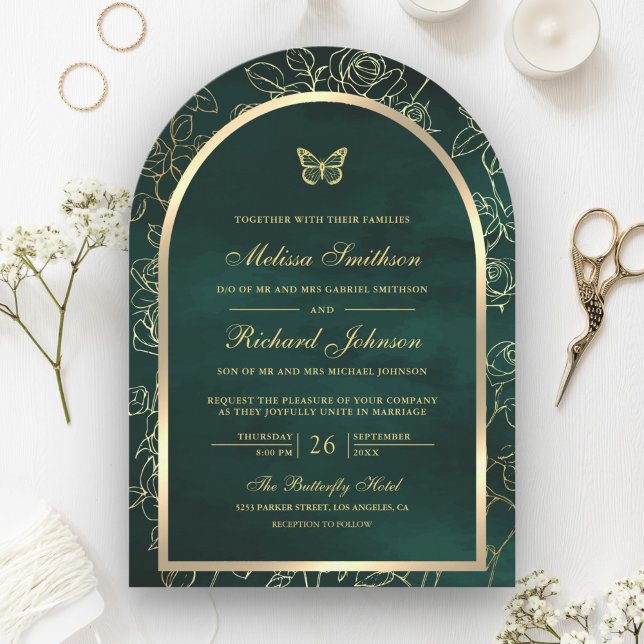 Invitation Emerald Green Line Art Gold Arch Mariage papillon (Créateur téléchargé)