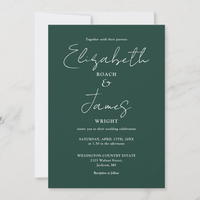 Invitation Emerald Green Minimalist Élégant Mariage de script (Devant)