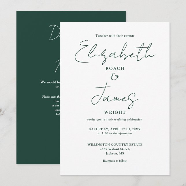 Invitation Emerald Green Minimalist Elegant QR Code Mariage (Devant / Derrière)