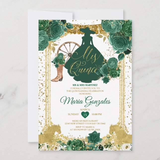 Invitation Emerald Green Mis Quince 15 Anos Gold Parties scin (Devant)