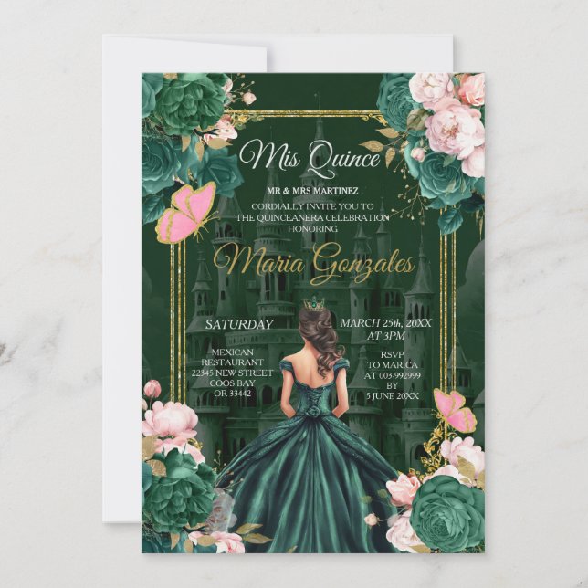 Invitation Emerald Green Mis Quince Floral Quinceañera (Devant)