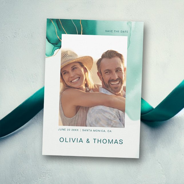 Invitation Emerald Green Modern Beach Mariage Photo Enregistr (emerald green gold modern summer beach wedding photo save the date elegant bohemian romantic boho)