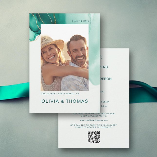 Invitation Emerald Green Modern Mariage QR Photo Enregistrer  (emerald gold wedding photo save the date modern romantic elegant bohemian chic simple classy luxury)