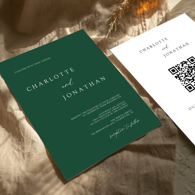 Invitation Emerald Green Moderne Minimal QR Code Mariage (Créateur téléchargé)