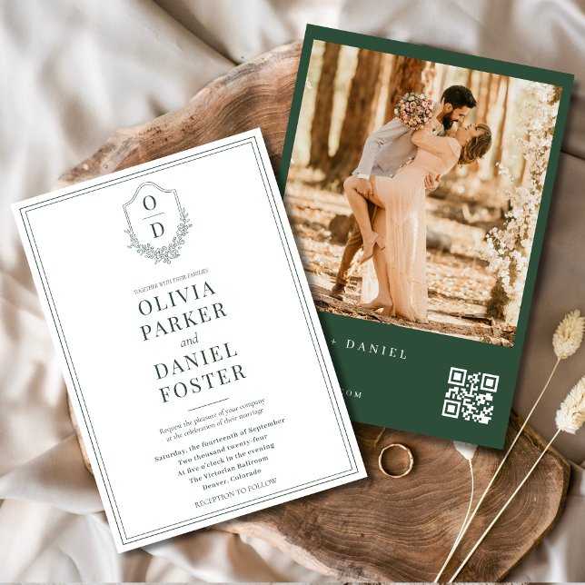 Invitation Emerald Green Moderne QR Code Crest Photo Mariage (Créateur téléchargé)
