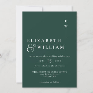 Invitation Emerald Green Modernisme Monogramme Mariage QR Cod