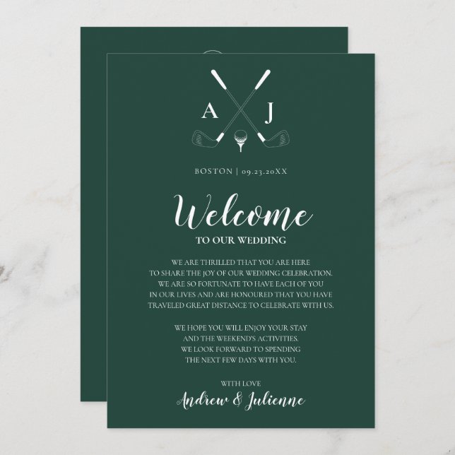 Invitation Emerald Green Monogram Golf Mariage Welcome Note (Devant / Derrière)