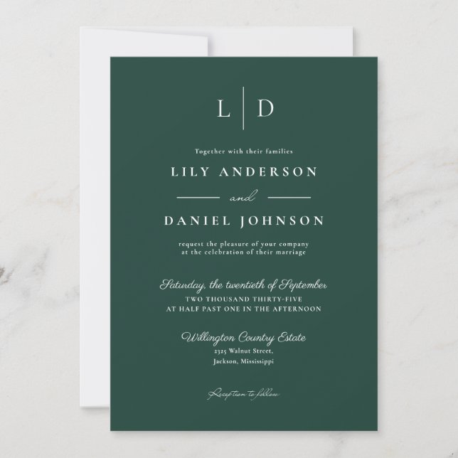 Invitation Emerald Green Monogramme simple tout en un Mariage (Devant)