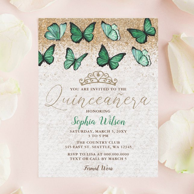 Invitation Emerald Green Parties scintillant Butterfly Quince (Emerald Green Gold Glitter Butterfly Quinceañera Invitation)