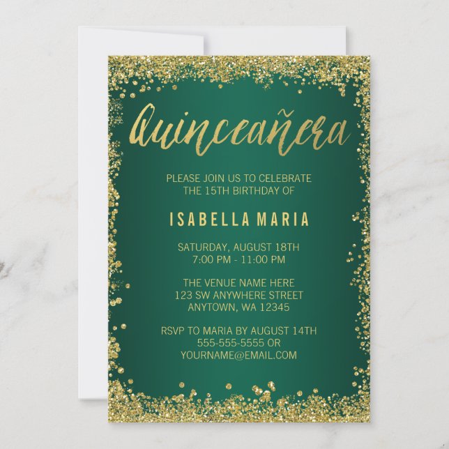 Invitation Emerald Green Parties scintillant or Quinceanera 1 (Devant)