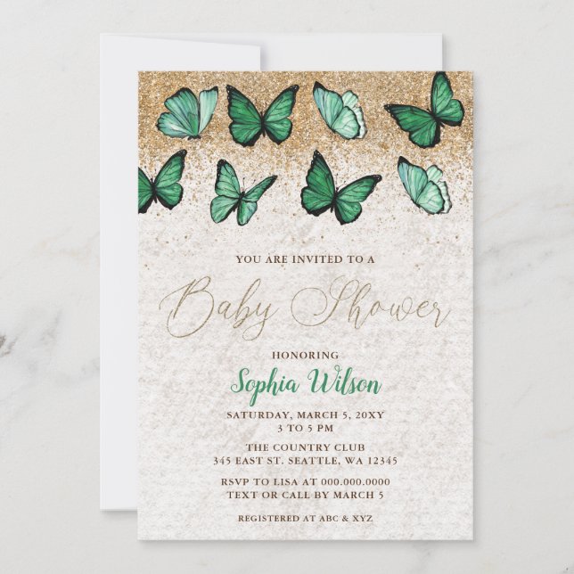 Invitation Emerald Green Parties scintillant   papillon Baby  (Devant)