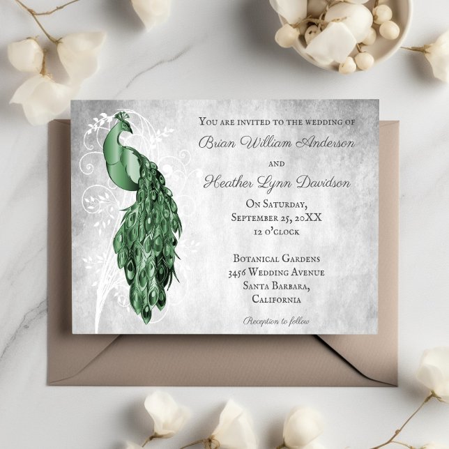 Invitation Emerald Green Peacock White Botanical Mariage (Emerald Green Peacock Wedding Invitation)